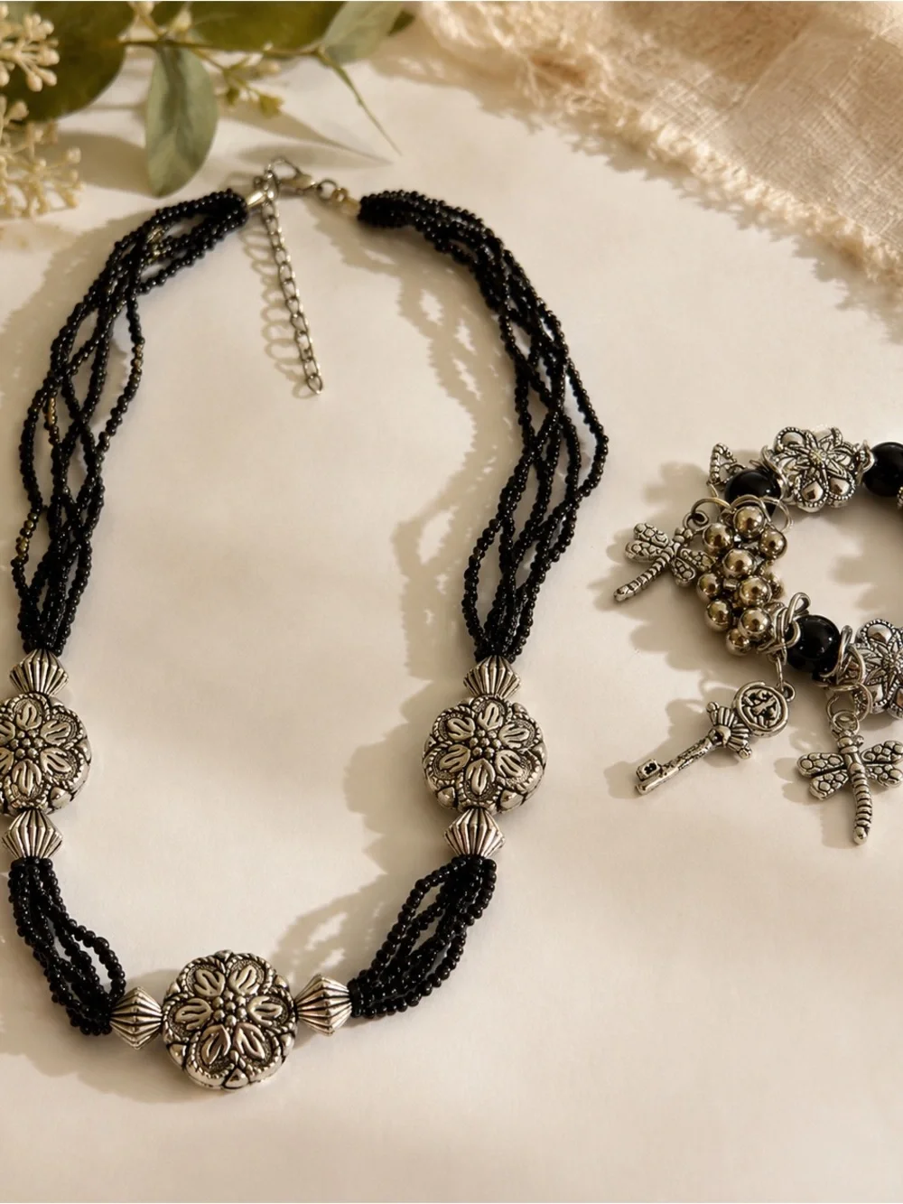 Black Beaded Multi Strand Necklace and Charm Bracelet Silver Tone Jewelry Set